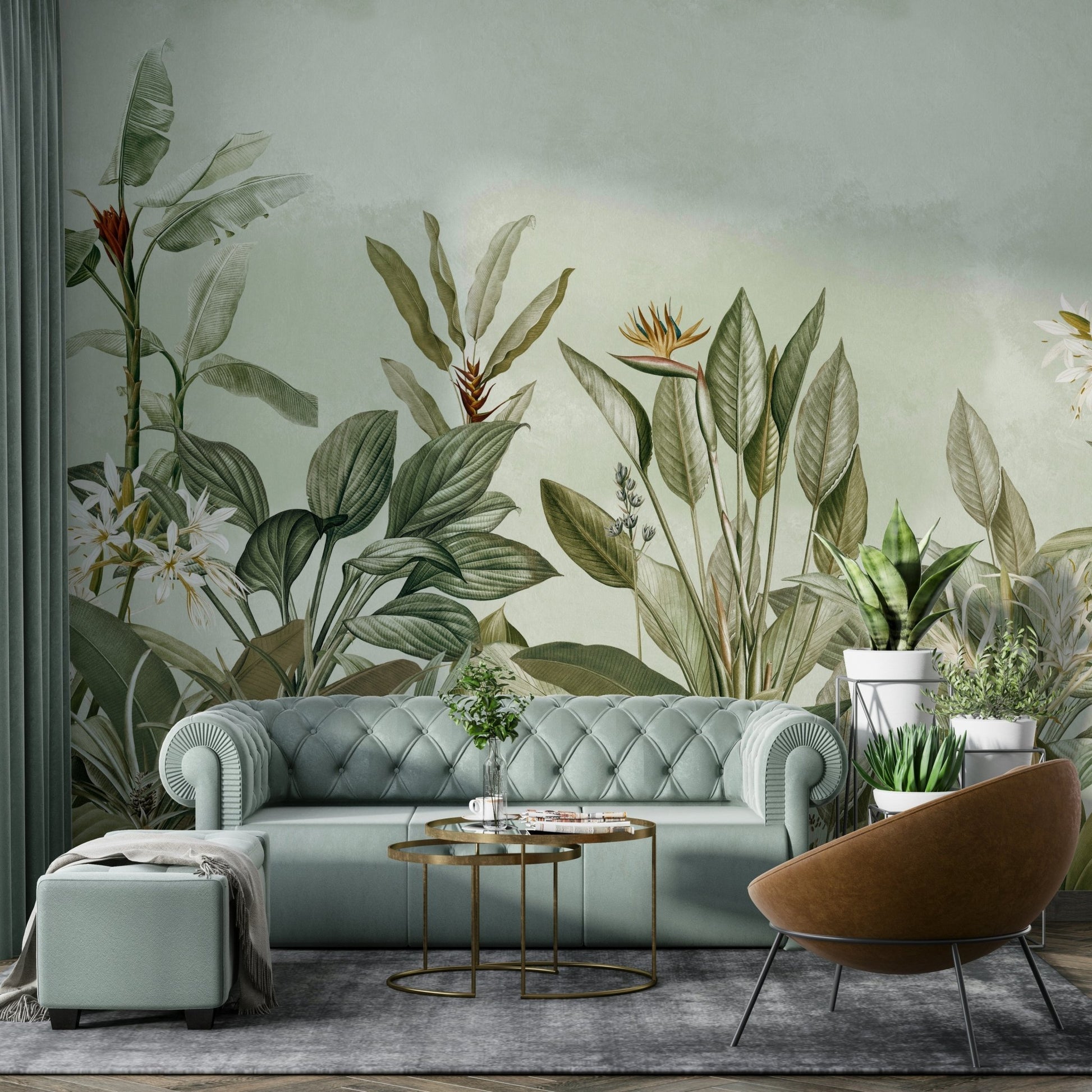 Botanical wallpaper feature wall in an elegant living room