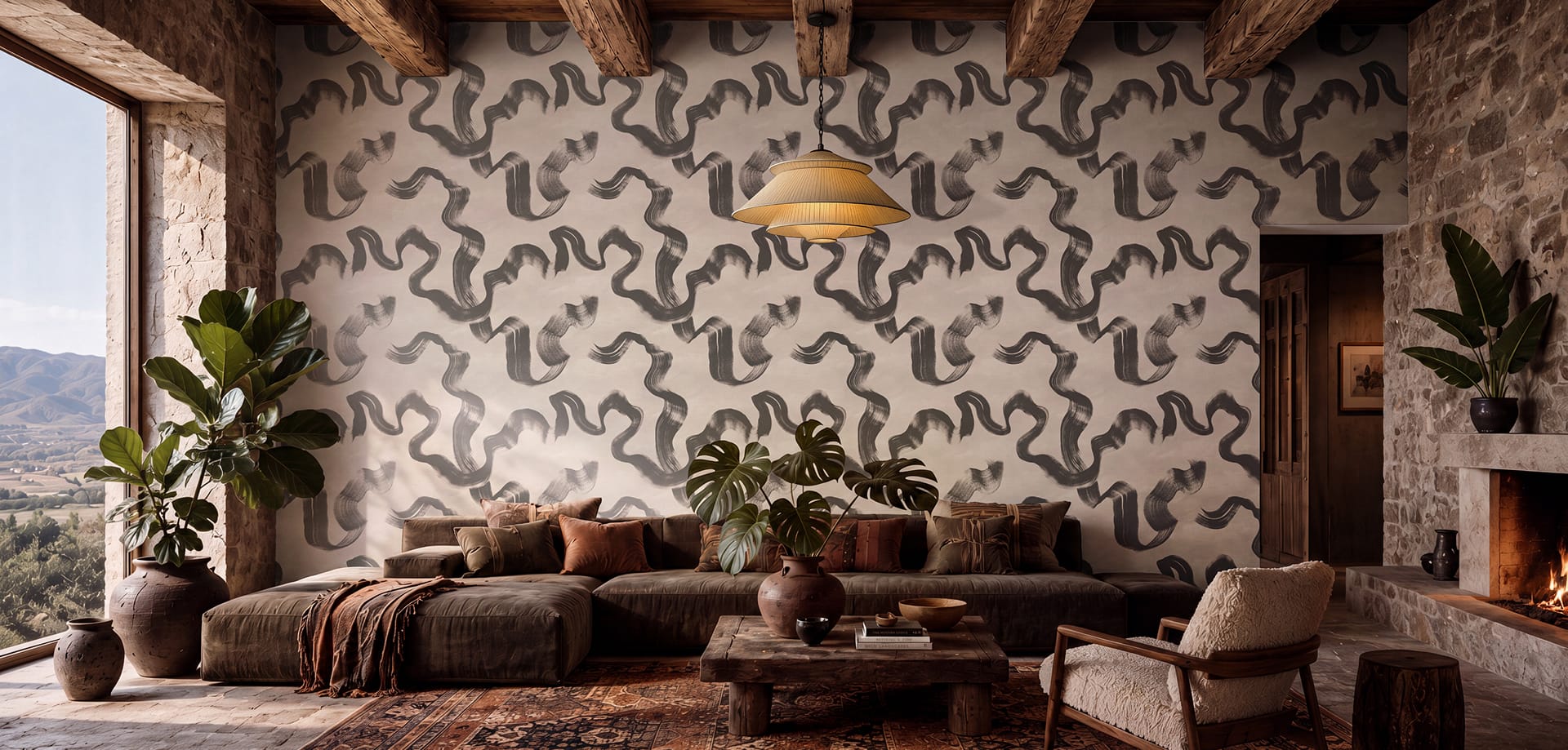 Designer wallpaper installation in a refined interior