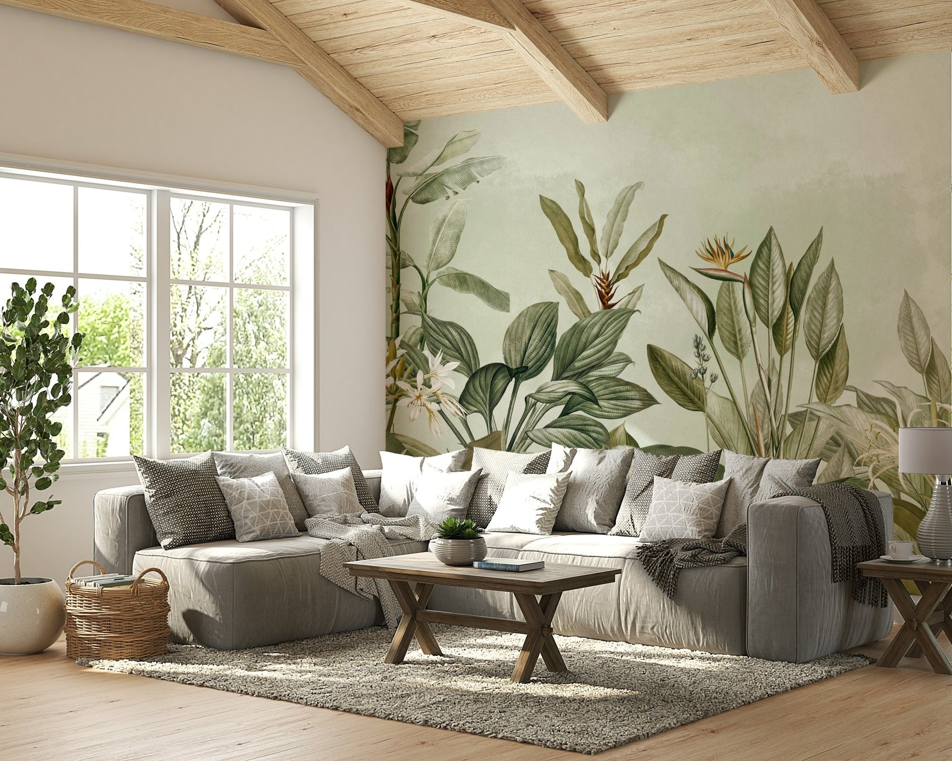 Botanical wallpaper in a refined Huntersville-style interior